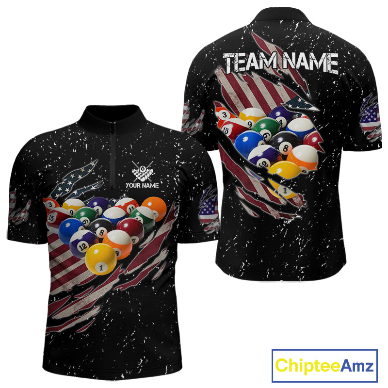 Patriotic American Flag Grunge Billiard Jersey For Men Custom Billiard Shirt Polo & 1/4 Zip |Black TDM3820