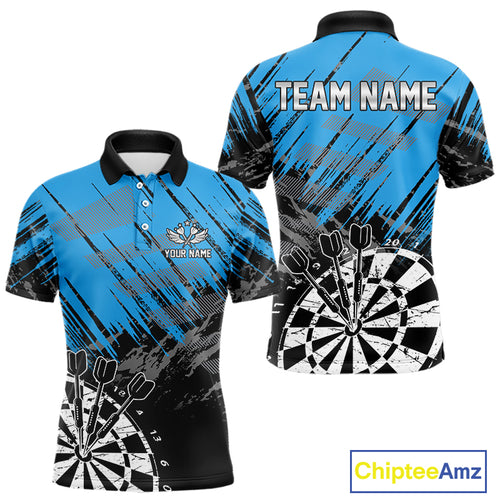 Blue Black Grunge Darts Shirts For Men Custom Dart Jersey With Pocket Option TDM4108