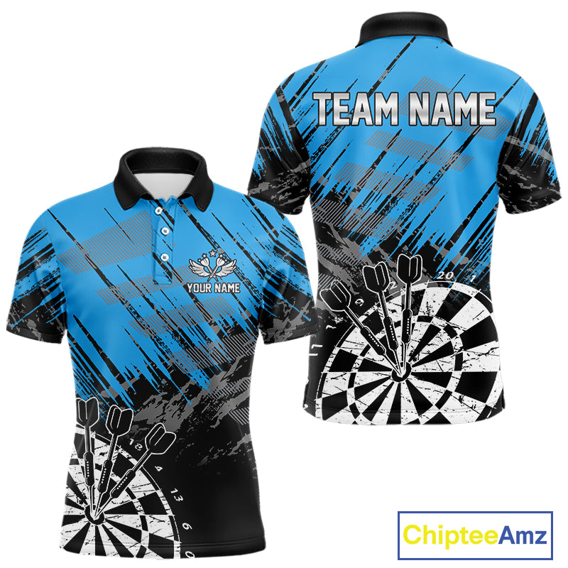 Blue Black Grunge Darts Shirts For Men Custom Dart Jersey With Pocket Option TDM4108