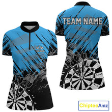 Load image into Gallery viewer, Blue Black Grunge Darts Shirts For Women Custom Dart Jersey With Pocket Option TDM4108