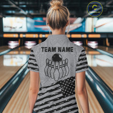 Load image into Gallery viewer, Woman wearing a grey American flag bowling quarter zip jersey during tournament play back view.