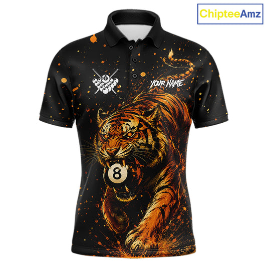 Personalized grunge tiger 8 ball pool billiard team jersey polo shirt for men, custom pool league apparel and billiard tournament jersey.