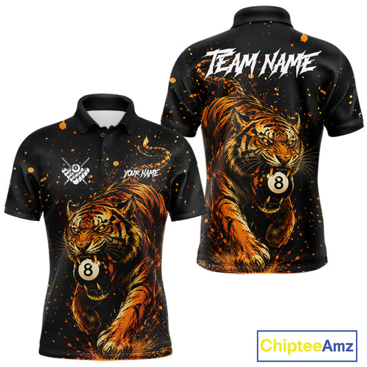 Personalized grunge tiger 8 ball pool billiard team jersey polo shirt for men, custom pool league apparel and billiard tournament jersey.
