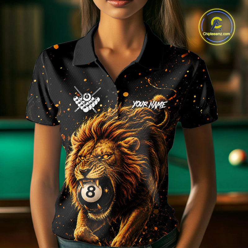 Woman wearing personalized grunge lion 8 ball billiard polo shirt front view.