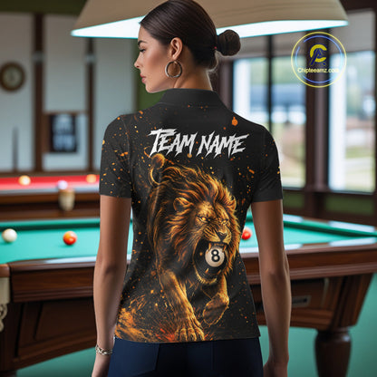 Woman wearing personalized grunge lion 8 ball billiard polo shirt back view.
