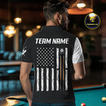Load image into Gallery viewer, Man wearing personalized American flag 8 ball skull billiard polo shirt back view.