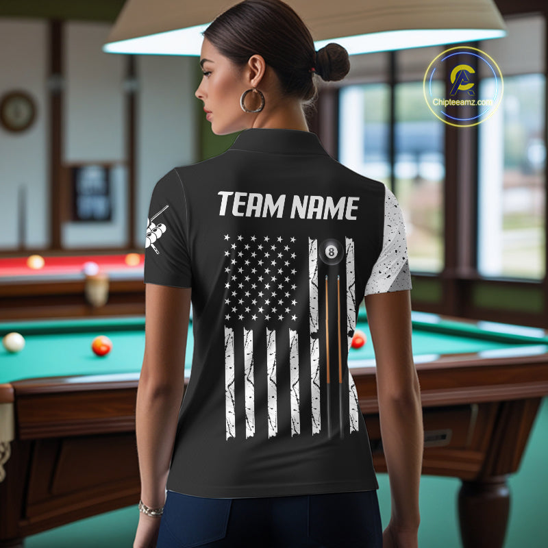 Billiard team wearing matching American flag 8 ball skull jerseys back view.