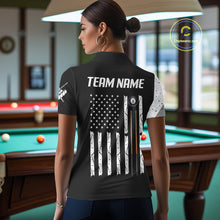 Load image into Gallery viewer, Billiard team wearing matching American flag 8 ball skull jerseys back view.