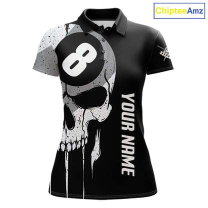 Personalized American flag 8 ball skull billiard pool team jersey polo shirt for women, custom 8 ball pool league apparel and billiard tournament jersey.