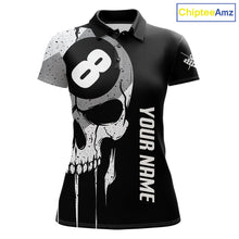 Load image into Gallery viewer, Personalized American flag 8 ball skull billiard pool team jersey polo shirt for women, custom 8 ball pool league apparel and billiard tournament jersey.