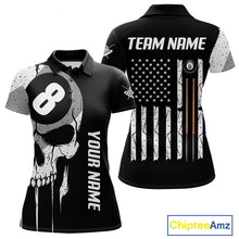 Load image into Gallery viewer, Personalized American flag 8 ball skull billiard pool team jersey polo shirt for women, custom 8 ball pool league apparel and billiard tournament jersey.