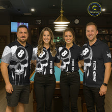 Load image into Gallery viewer, Billiard team wearing matching American flag 8 ball skull jerseys front view.