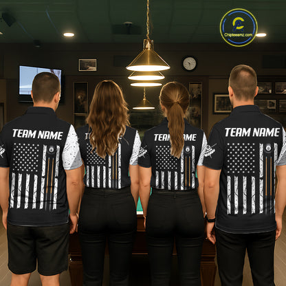 Billiard team wearing matching American flag 8 ball skull jerseys front view.