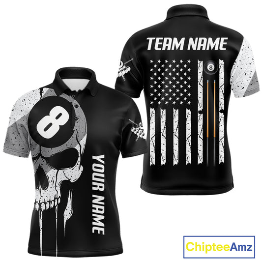 Personalized American flag 8 ball skull billiard pool team jersey polo shirt for men, custom 8 ball pool league apparel and billiard tournament jersey.