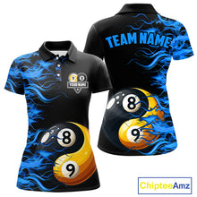 Load image into Gallery viewer, Blue Flaming Funny Yin-Yang 8 Ball &amp; 9 Ball Billiard Shirt For Women Custom Pool Team Jerseys TDM4711