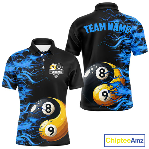 Blue Flaming Funny Yin-Yang 8 Ball & 9 Ball Billiard Shirt For Men Custom Pool Team Jerseys TDM4711