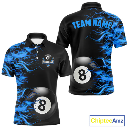 Personalized Blue Flaming 8 Ball Billiard Shirt For Men Custom Pool Team Jersey Polo & 1/4 Zip TDM4712