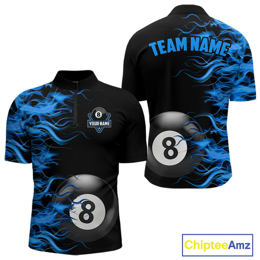 Personalized Blue Flaming 8 Ball Billiard Shirt For Men Custom Pool Team Jersey Polo & 1/4 Zip TDM4712