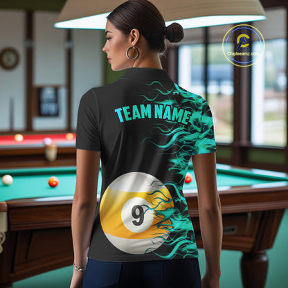 Turquoise Flaming 8 Ball & 9 Ball Billiard Shirt For Women Custom Pool Team Jersey Polo & 1/4 Zip TDM4714