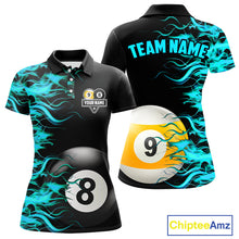 Load image into Gallery viewer, Turquoise Flaming 8 Ball &amp; 9 Ball Billiard Shirt For Women Custom Pool Team Jersey Polo &amp; 1/4 Zip TDM4714