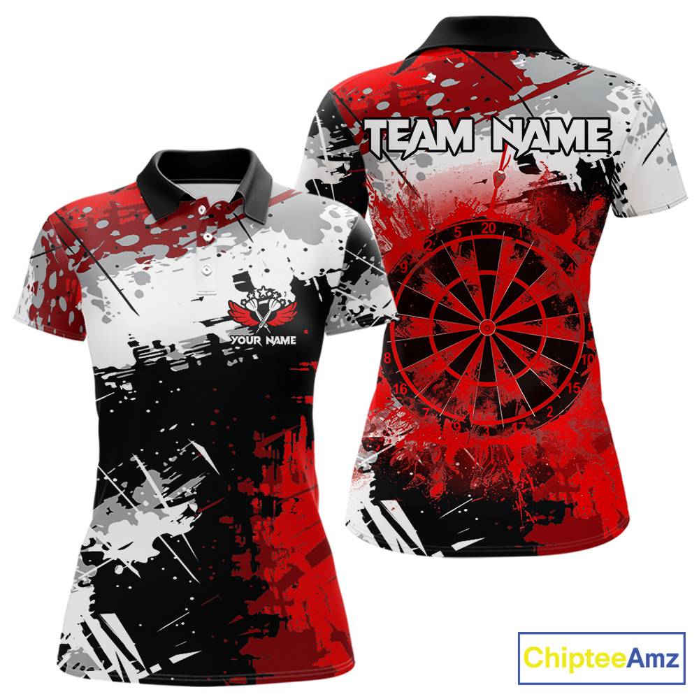 Red Grunge Paint Splash Dart Shirts For Women Custom Darts Jersey Team Polo & Quarter Zip TDM5352