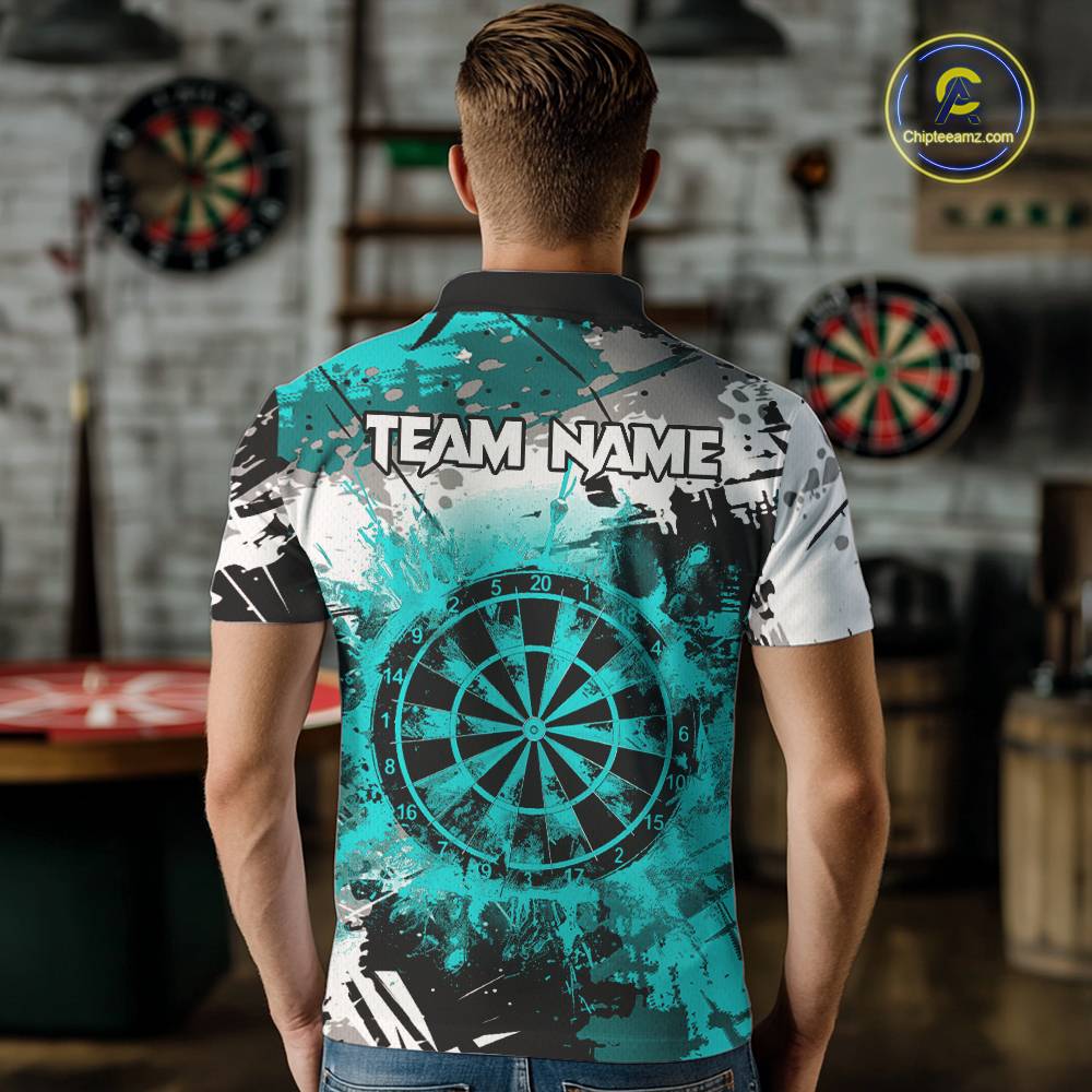 Turquoise Grunge Paint Splash Dart Shirts For Men Custom Darts Jersey Team Polo & Quarter Zip TDM5353