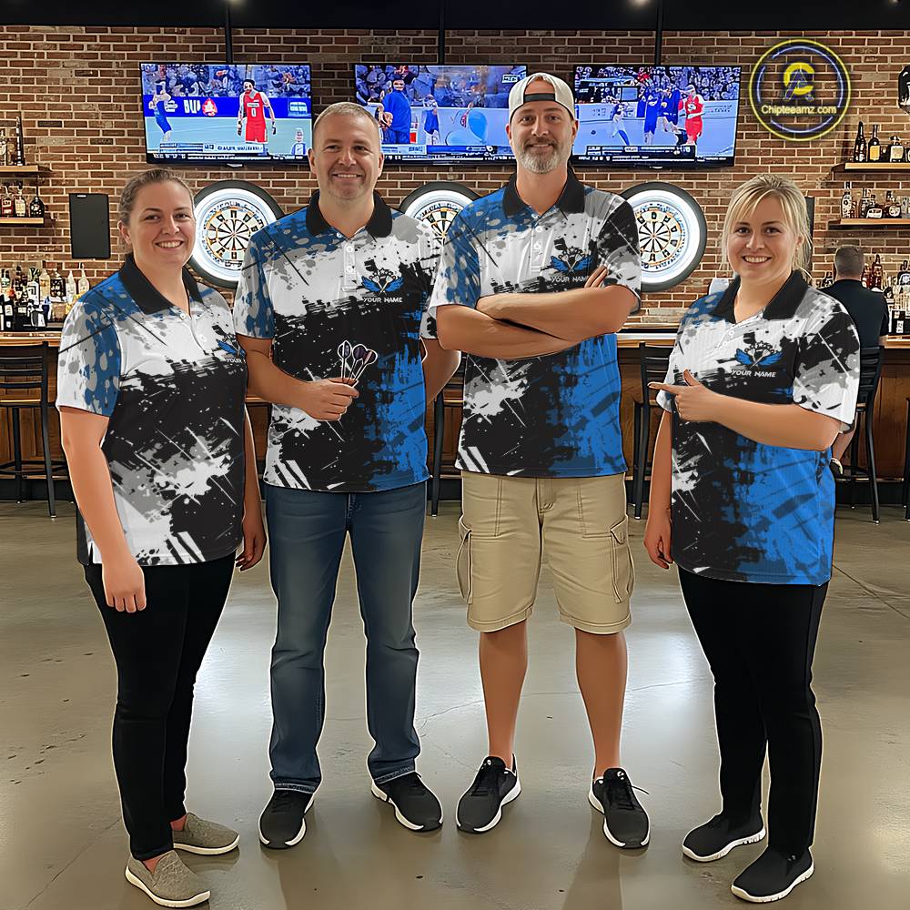 Blue Grunge Paint Splash Dart Shirts For Men Custom Darts Jersey Team Polo & Quarter Zip TDM5354