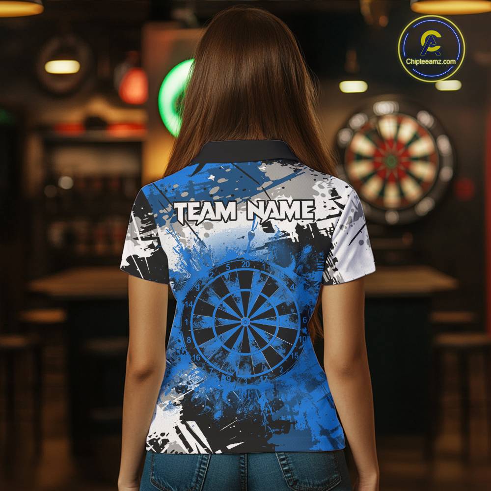 Blue Grunge Paint Splash Dart Shirts For Women Custom Darts Jersey Team Polo & Quarter Zip TDM5354