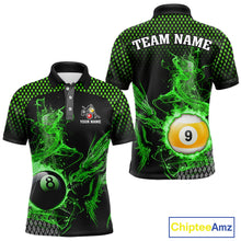 Load image into Gallery viewer, Green 8 Ball &amp; 9 Ball Flame Smoke Custom Dragon Billiard Shirts For Men, Billiard Team Jersey TDM5631
