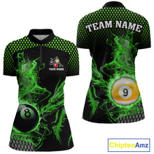 Load image into Gallery viewer, Green 8 Ball &amp; 9 Ball Flame Smoke Custom Dragon Billiard Shirts For Women, Billiard Team Jersey TDM5631