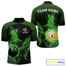 Load image into Gallery viewer, Green 8 Ball &amp; 9 Ball Flame Smoke Custom Dragon Billiard Shirts For Men, Billiard Team Jersey TDM5631