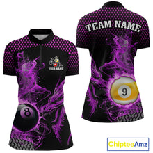 Load image into Gallery viewer, Purple 8 Ball &amp; 9 Ball Flame Smoke Custom Dragon Billiard Shirts For Women, Billiard Team Jersey TDM5632