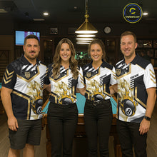 Load image into Gallery viewer, Gold 8 Ball Pool Fire Flame Smoke Custom Billiard Shirts For Men, Billiard Jerseys Team Uniform TDM5848