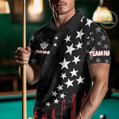 Black Grunge American Flag Billiard Shirt For Men Custom Patriotic Billiard Pool Jersey TDM3824