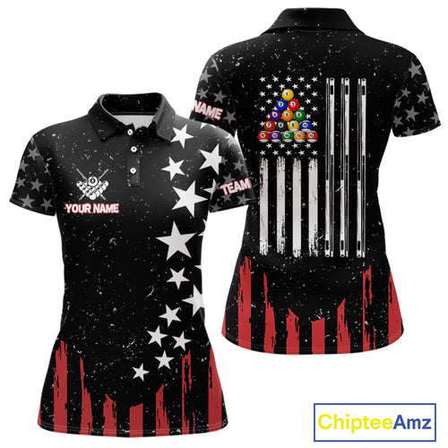 Black Grunge American Flag Billiard Shirt For Women Custom Patriotic Billiard Pool Jersey TDM3824