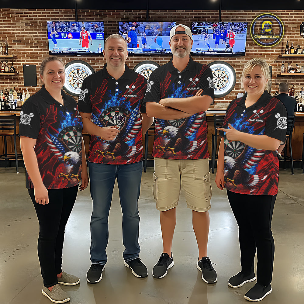 Blue Flaming Dartboard Shirt For Men Custom American Flag Eagle Darts Team Jersey Polo &1/4 Zip TDM6003
