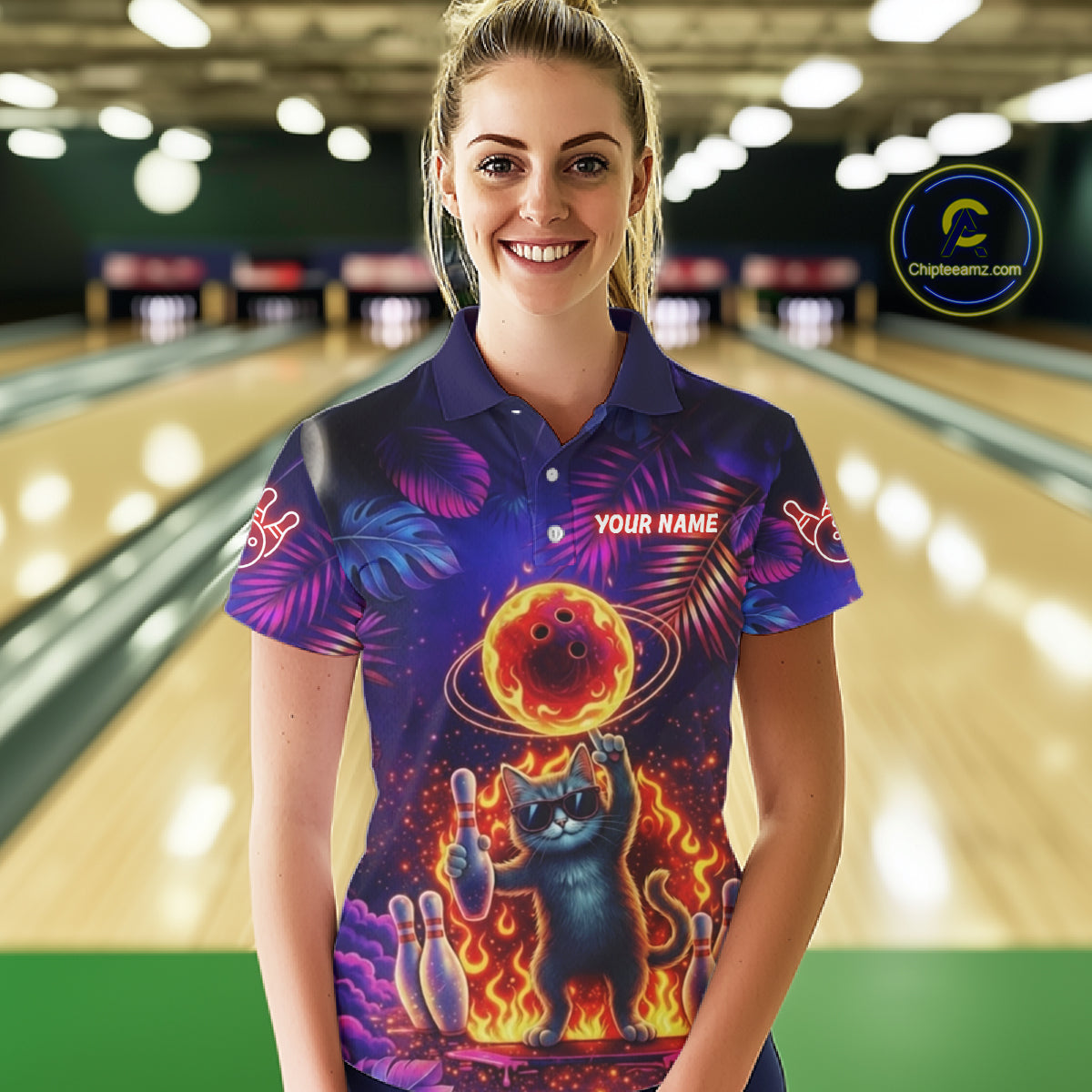 Custom Funny Cat Flame Bowling Shirt For Women, Personalized Tropical Bowling Jersey Polo & 1/4 Zip TDM6454