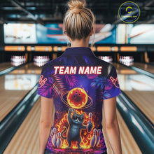 Load image into Gallery viewer, Custom Funny Cat Flame Bowling Shirt For Women, Personalized Tropical Bowling Jersey Polo &amp; 1/4 Zip TDM6454