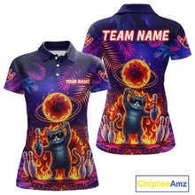 Load image into Gallery viewer, Custom Funny Cat Flame Bowling Shirt For Women, Personalized Tropical Bowling Jersey Polo &amp; 1/4 Zip TDM6454