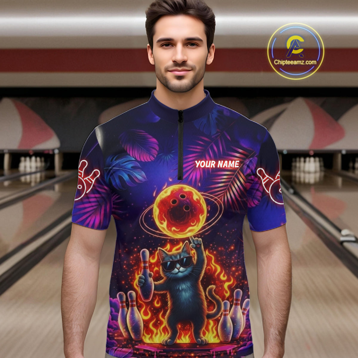 Custom Funny Cat Flame Bowling Shirt For Men, Personalized Tropical Bowling Jersey Polo & 1/4 Zip TDM6454