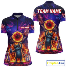 Load image into Gallery viewer, Custom Funny Cat Flame Bowling Shirt For Women, Personalized Tropical Bowling Jersey Polo &amp; 1/4 Zip TDM6454