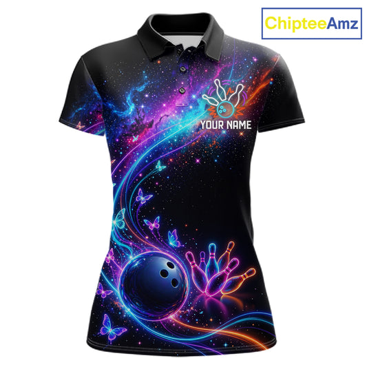 Personalized Galaxy Butterfly Bowling Shirt For Women Custom Bowling Jersey Team Polo & 1/4 Zip TDM6463