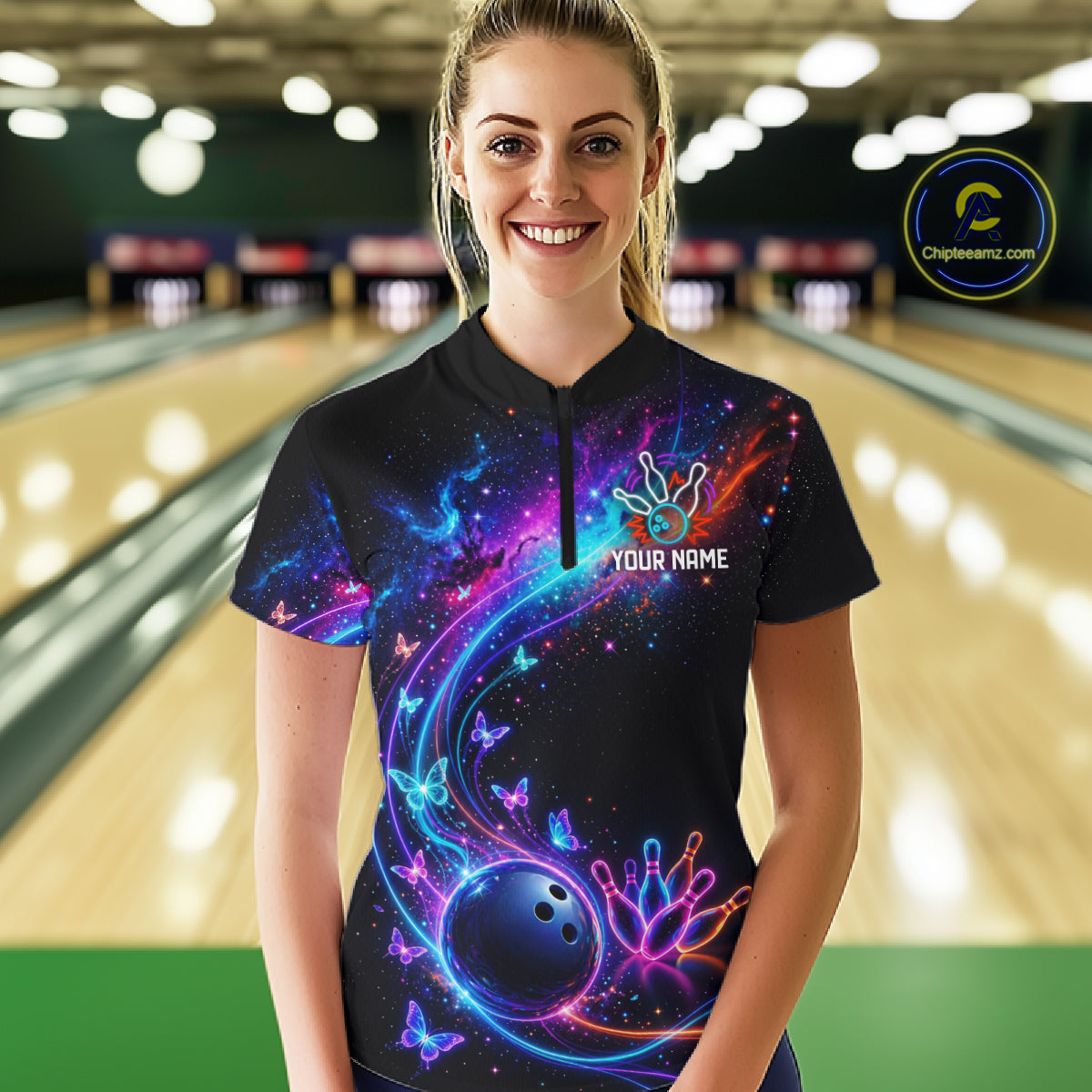 Personalized Galaxy Butterfly Bowling Shirt For Women Custom Bowling Jersey Team Polo & 1/4 Zip TDM6463