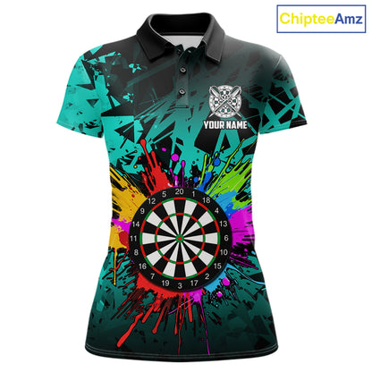 Turquoise funny dartboard darts shirt for women with colorful vibrant graphics and custom league style.