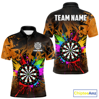 Orange darts polo shirt for men with dartboard pattern and vibrant custom team design.