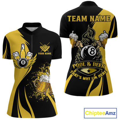 Yellow black 8 ball billiard quarter zip shirt for women built for casual tournaments and league nights.