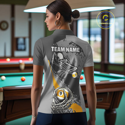 9 Ball Skeleton Custom Billiard Polo & 1/4 Zip Shirts For Women, Funny 9 Ball Pool Billiard Jerseys TDM2417