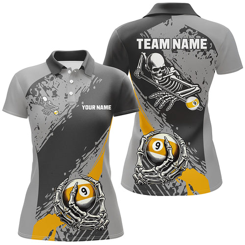 9 Ball Skeleton Custom Billiard Polo & 1/4 Zip Shirts For Women, Funny 9 Ball Pool Billiard Jerseys TDM2417