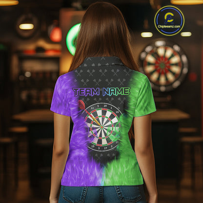 Green And Purple Flame Womens Dart Shirts Custom Dart Jersey Polo & 1/4 Zip, Gifts For Dart Players TDM5145