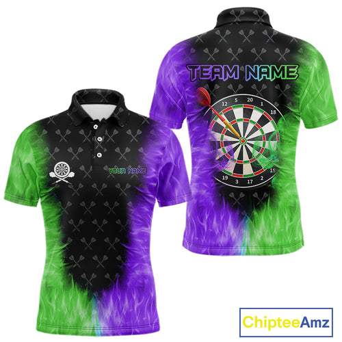 Green And Purple Flame Mens Dart Shirts Custom Dart Jersey Polo & 1/4 Zip, Gifts For Dart Players TDM5145